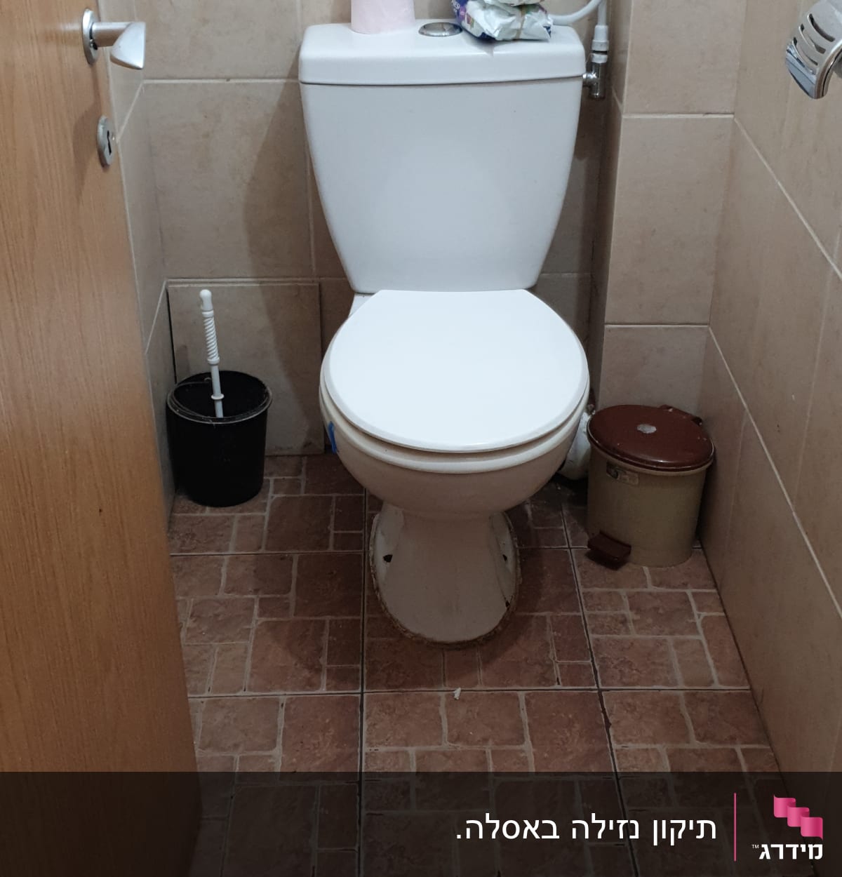 אסלה עם מברשת ניקוי ודלי ליד